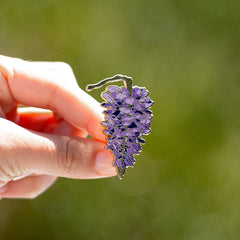 Wisteria enamel pin held between fingers outdoors with a green background