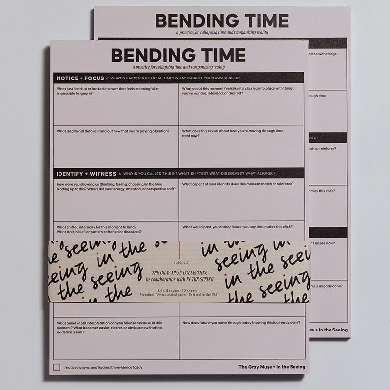 Bending Time Notepad in soft pink with bold header and grid prompts, two sheets overlapped with a handwritten wrap.