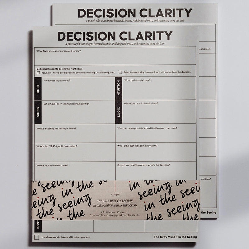 Two overlapping Decision Clarity Notepads with a bold DECISION CLARITY header and a grid of prompts