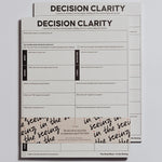 Close up of a Decision Clarity Notepad showing its organized prompts and grid sections