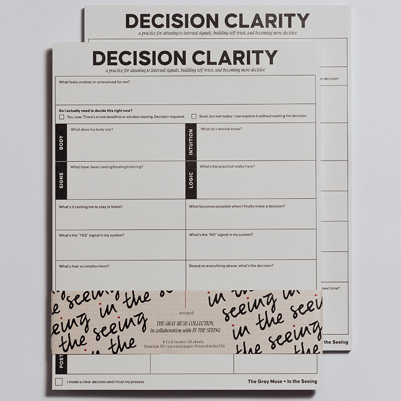 Close up of a Decision Clarity Notepad showing its organized prompts and grid sections
