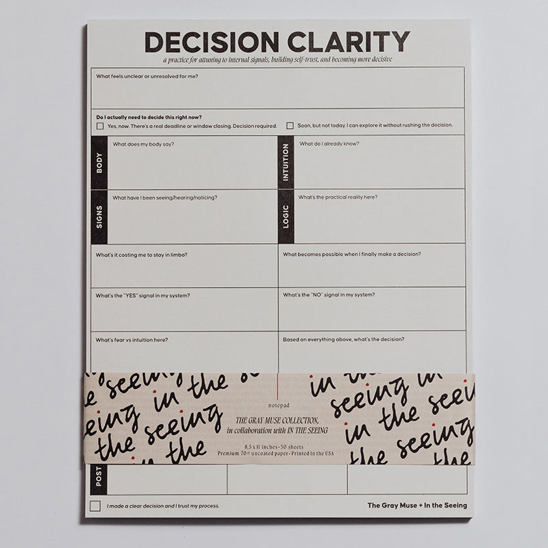 Decision Clarity notepad displaying guided decision prompts and sections labeled body signs intuition logic.