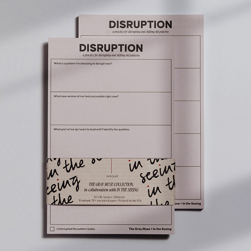Front view of two pink Awareness Disruption Practice notepads, with one page labeled DISRUPTION and a wraparound bundle.