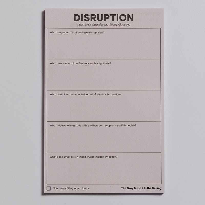 Disruption stage notepad page from the Awareness Disruption Practice set; pink sheet with prompts about identifying patterns and how to disrupt them.