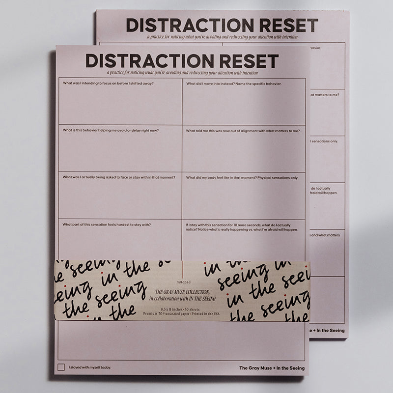 Two pink Distraction Reset Notepads stacked with bold DISTRACTION RESET header