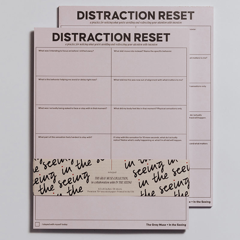 Front view of pink Distraction Reset Notepad with grid prompts and bold header