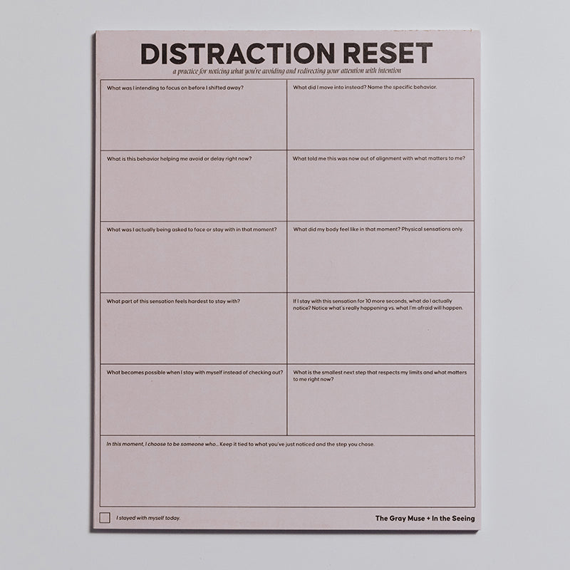 Pink Distraction Reset Notepad with grid prompts to note distractions and refocus