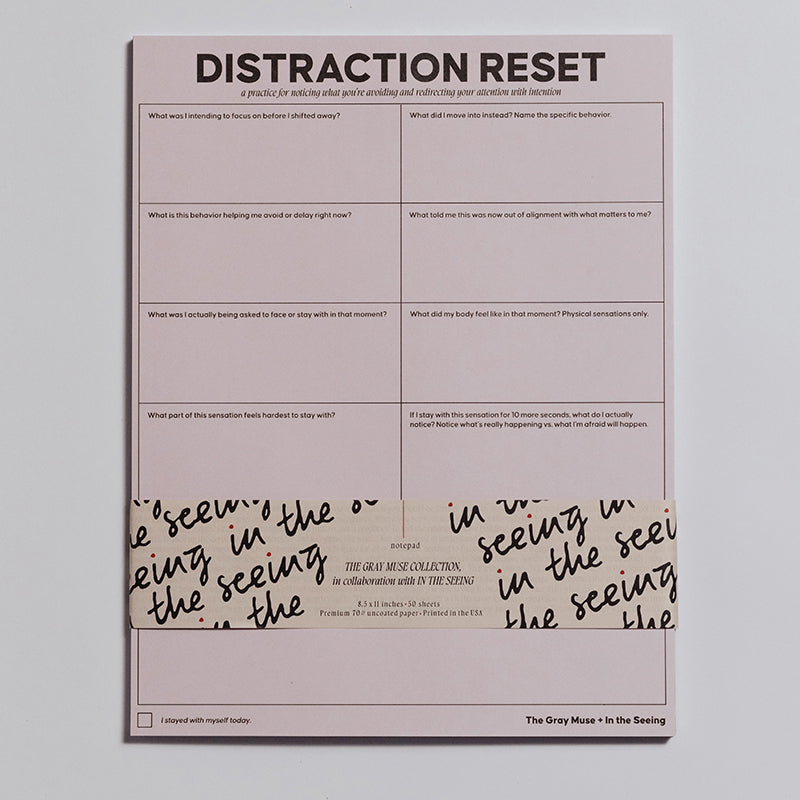 Distraction Reset Notepad in soft pink with a two column grid of prompts for refocusing
