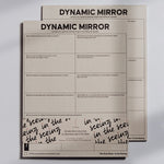 Dynamic Mirror Notepad stacked with bold title and guided prompts for self reflection.