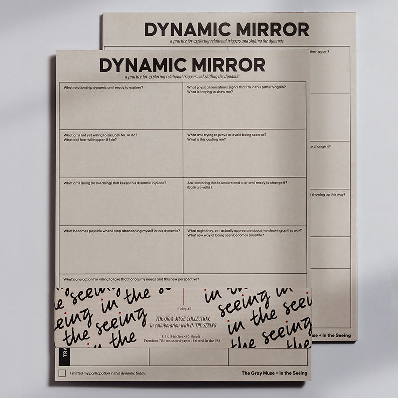 Dynamic Mirror Notepad stacked with bold title and guided prompts for self reflection.