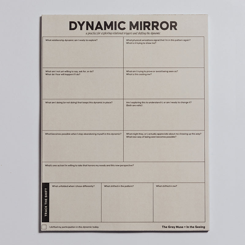 Dynamic Mirror Notepad on a light background with track the shift text along the left edge and decorative packaging at the bottom