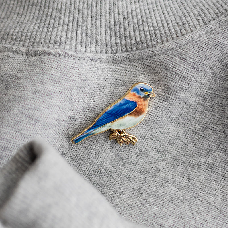 Eastern bluebird enamel pin attached to gray knit sweater fabric.