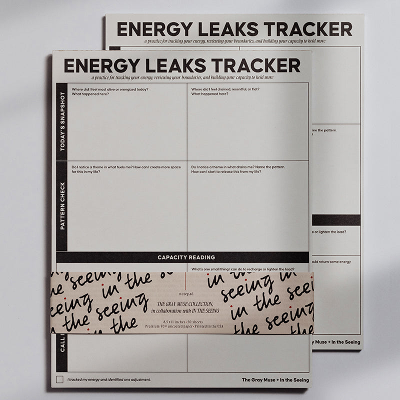 Energy Leaks Tracker notepads stacked with a bold ENERGY LEAKS TRACKER header and a grid layout