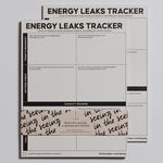 Energy Leaks Tracker notepad with bold title and grid layout for tracking energy drains.