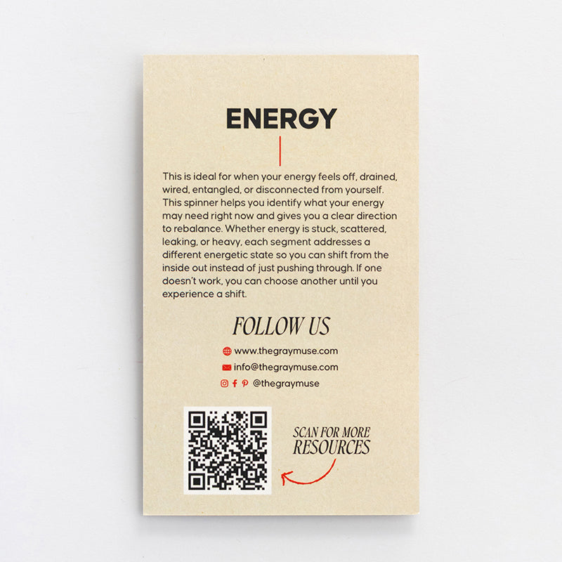 Beige ENERGY card with description, social handles, and a QR code on a white background