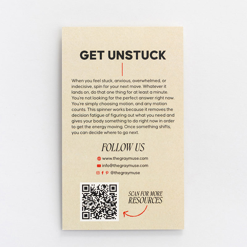 Back of the Get Unstuck Spinner Interactive Enamel Keychain card with description and a QR code.