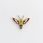 Hummingbird Clearwing Moth enamel pin with green body and red and white wings on white background