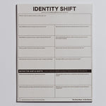Identity Shift Notepad cover with bold title and grid prompts for self discovery