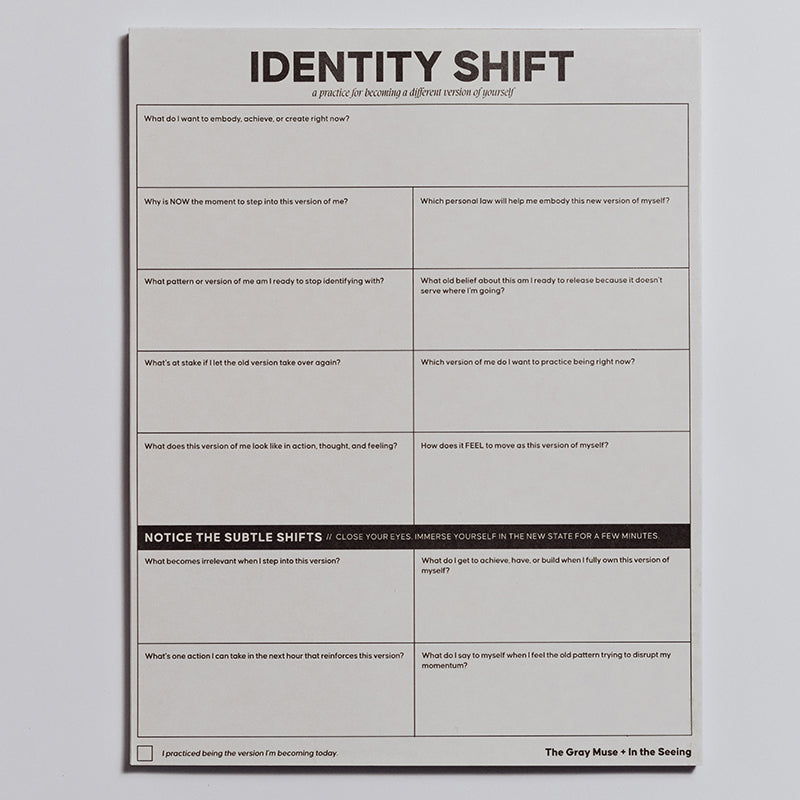 Identity Shift Notepad cover with bold title and grid prompts for self discovery