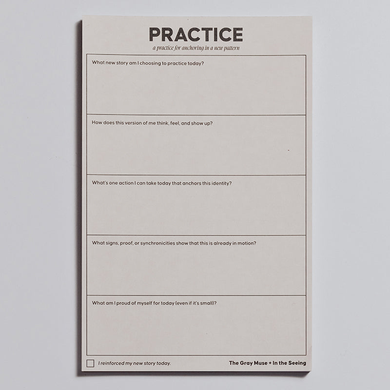 Practice notepad page with bold PRACTICE header and boxed prompts for self reflection.