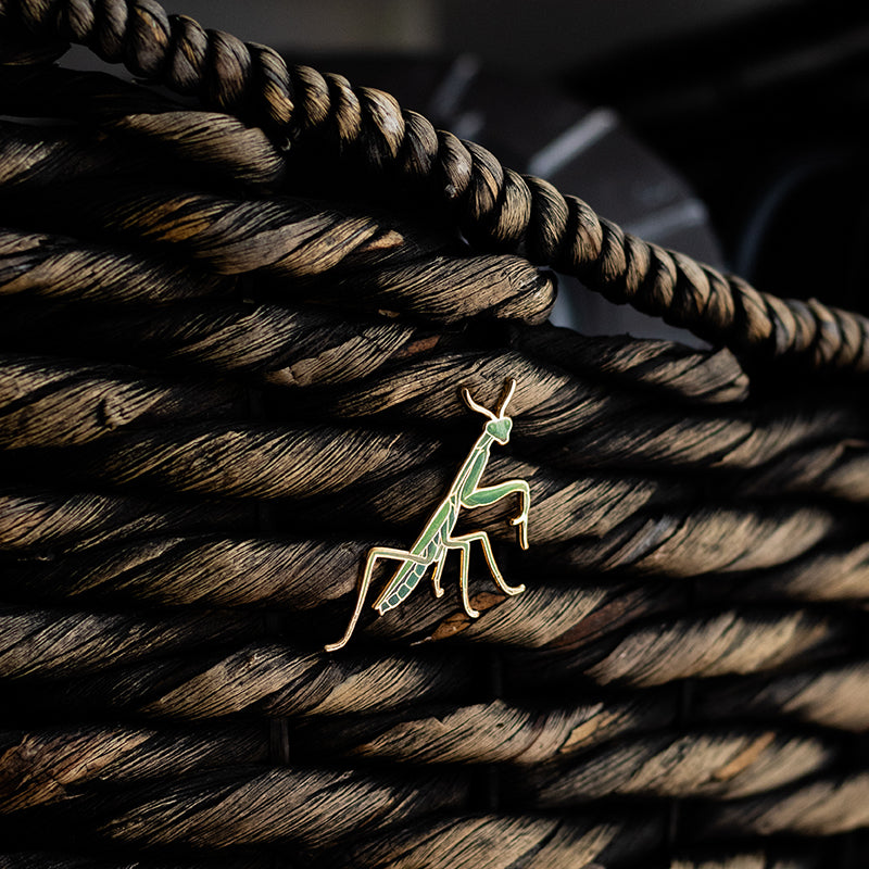 Praying mantis enamel pin with a green body and gold outline resting on a braided coiled rope background