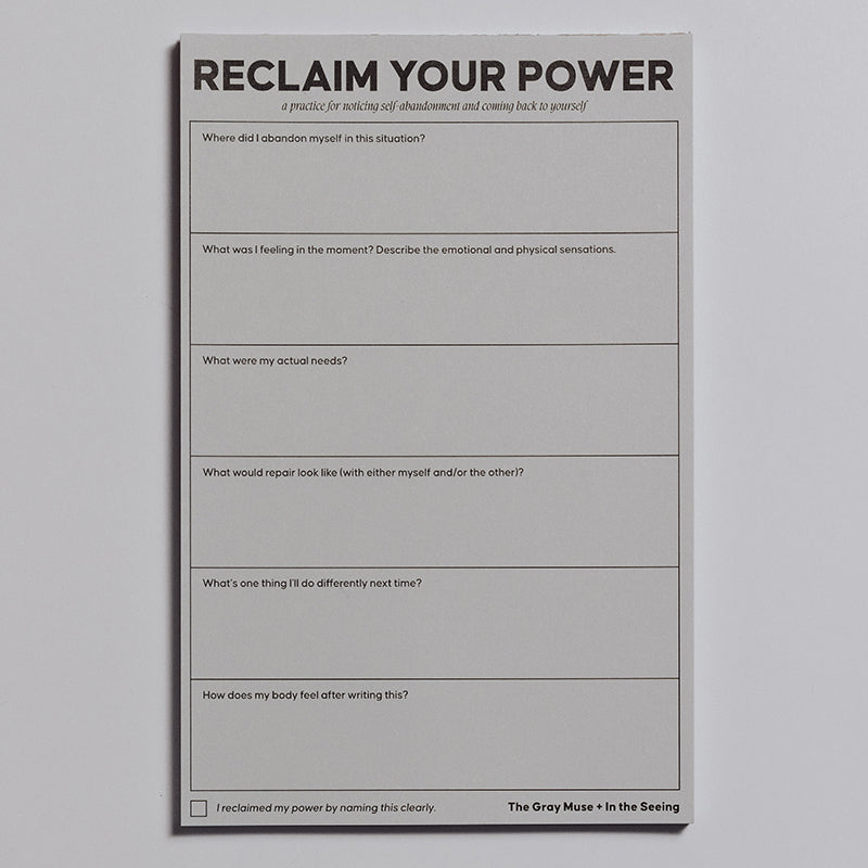 Reclaim Your Power Notepad front view with six guided prompts for reclaiming power and setting boundaries.