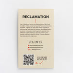 Beige card for Reclamation Spinner Interactive Enamel Keychain with RECLAMATION heading and QR code.