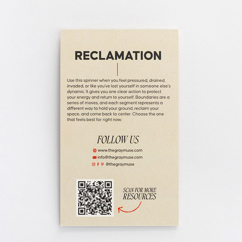 Beige card for Reclamation Spinner Interactive Enamel Keychain with RECLAMATION heading and QR code.