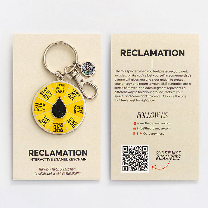 Front and back packaging for Reclamation enamel keychain showing the front card with the keychain and the back card with description and a QR code