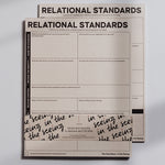 Relational Standards Notepad in pale pink with bold header and grid prompts to clarify boundaries