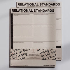 Relational Standards Notepad in pale pink with bold header and grid prompts to clarify boundaries