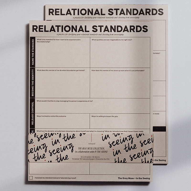 Relational Standards Notepad in pale pink with bold header and grid prompts to clarify boundaries