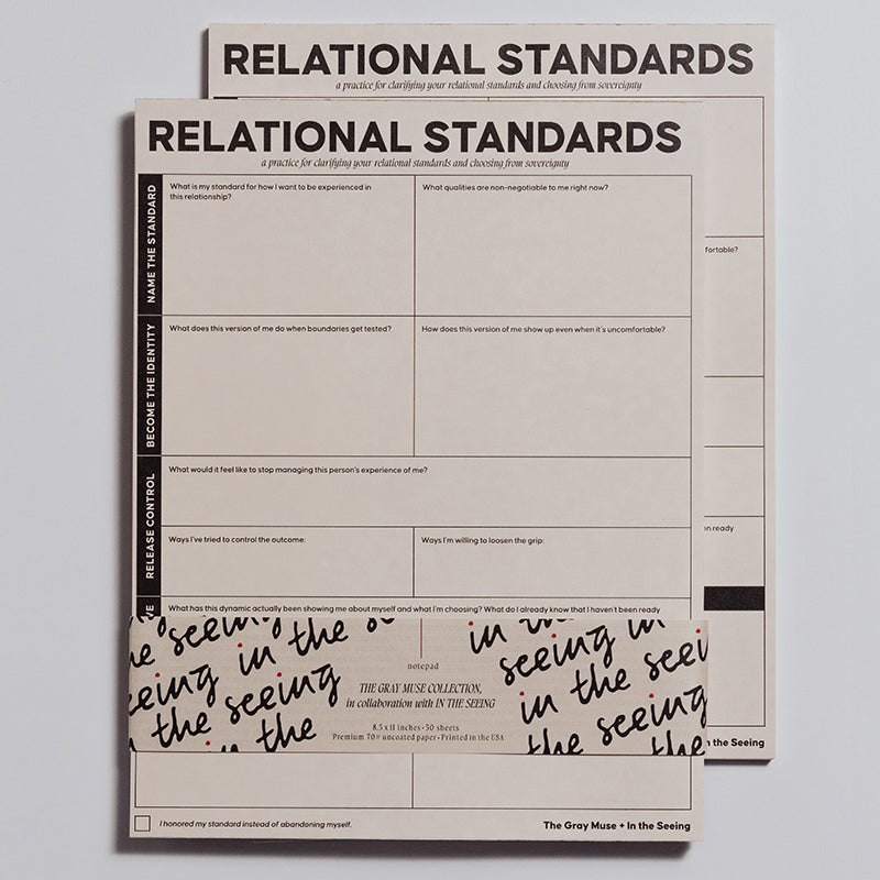Relational Standards Notepad with bold title and grid prompts, shown with a decorative sleeve.
