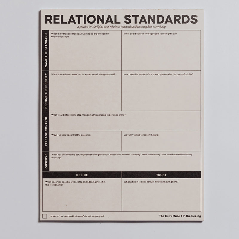 Relational Standards Notepad front cover with grid sections for clarifying relationship boundaries