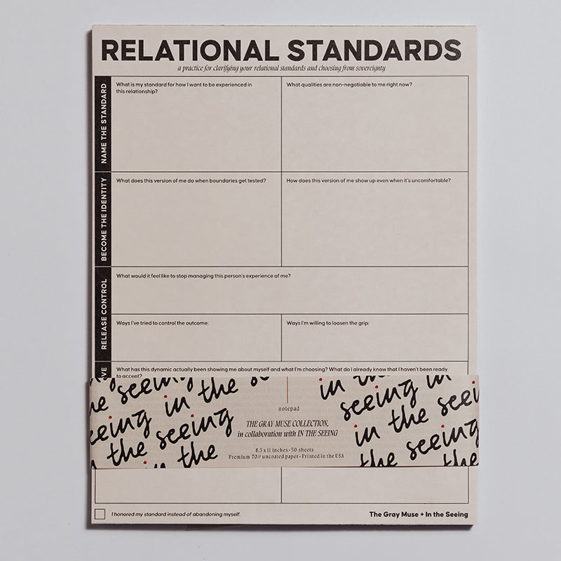 Relational Standards Notepad front cover showing prompts for boundaries and how to communicate them