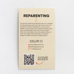 Reparenting spinner enamel keychain displayed on a beige product card with QR code.