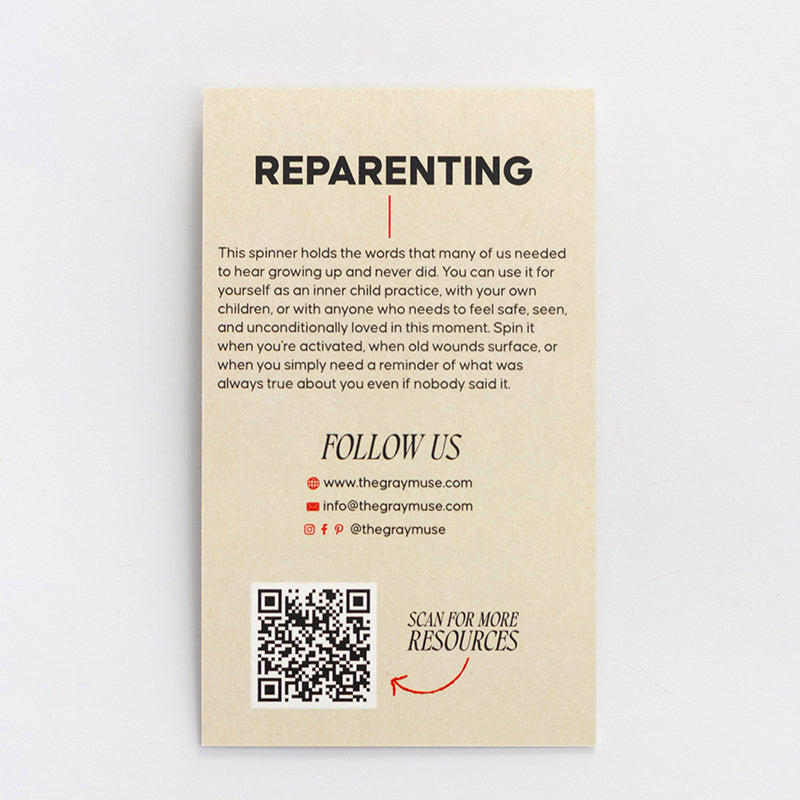 Reparenting spinner enamel keychain displayed on a beige product card with QR code.