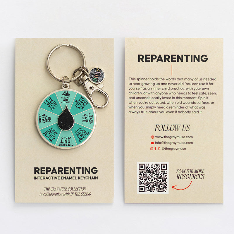 Reparenting Interactive Enamel Keychain displayed on beige card with teal prompt wheel.