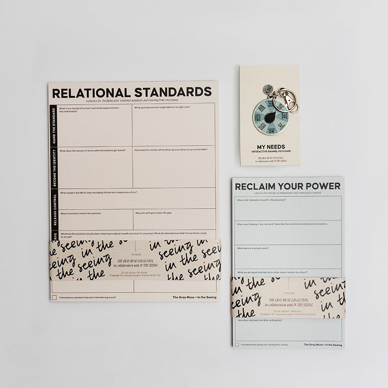 Staying with Yourself bundle on a white wall featuring Relational Standards poster, two notepads, and a keychain.