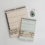 Staying with Yourself Bundle showing Relational Standards Notepad, Reclaim Your Power Notepad, and teal My Needs Spinner on a light backdrop.