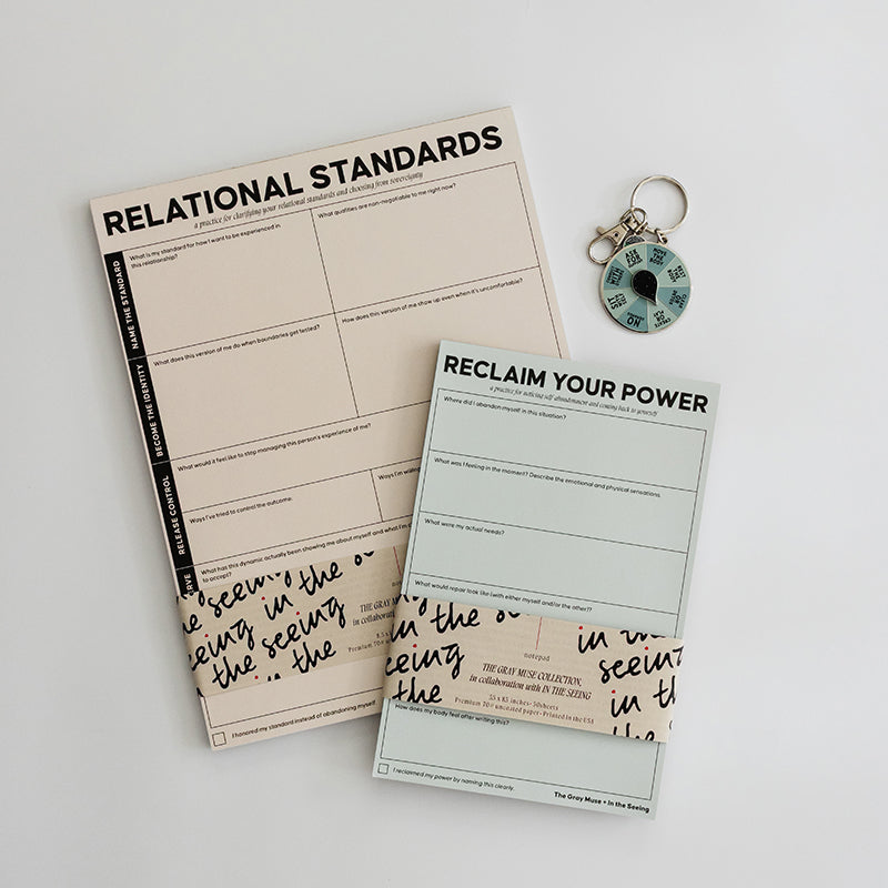 Staying with Yourself Bundle showing Relational Standards Notepad, Reclaim Your Power Notepad, and teal My Needs Spinner on a light backdrop.