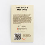 Back side of The Body's Message packaging card with product description and a QR code.