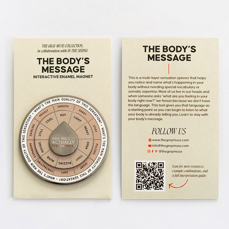 The Body's Message interactive enamel magnet shown with beige information card.