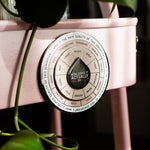 Close-up of The Body's Message spinner enamel magnet attached to a pink surface with a plant leaf in foreground.