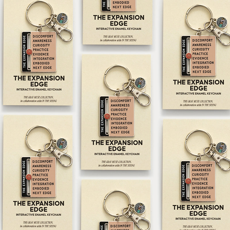 Grid of beige packaging cards for The Expansion Edge interactive enamel keychain, shown from multiple angles.
