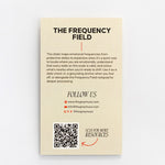 Beige card for The Frequency Field featuring a QR code and resources section