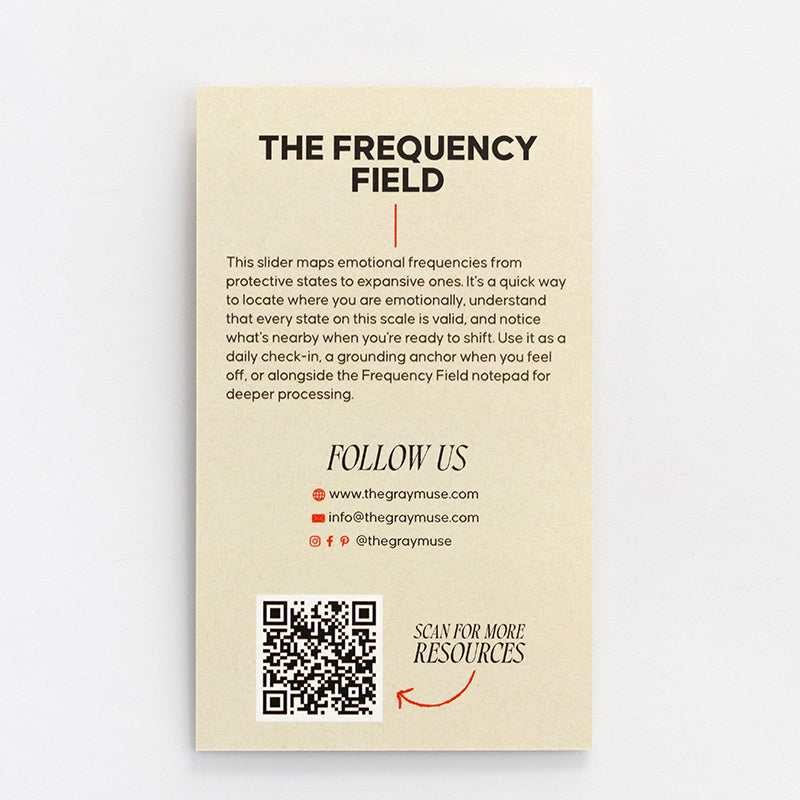 Beige card for The Frequency Field featuring a QR code and resources section