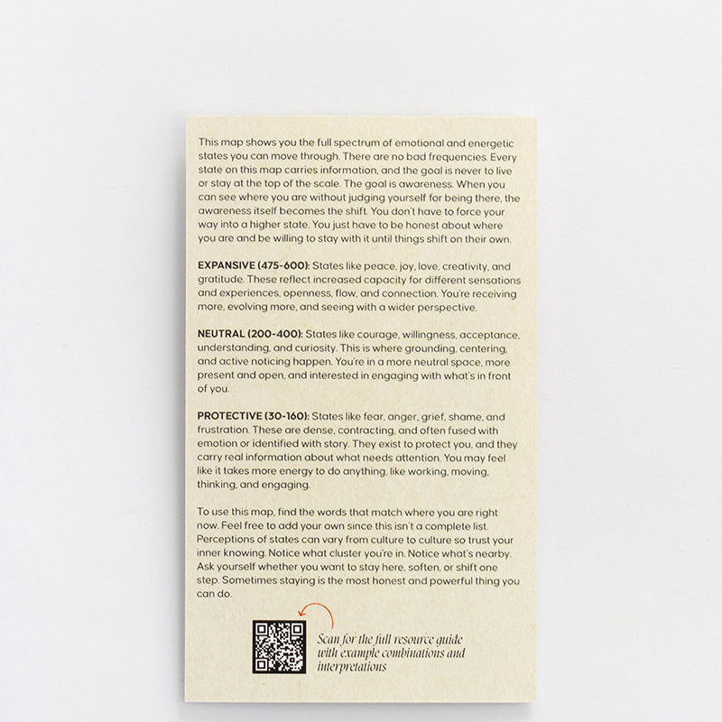 Back panel of The Frequency Field Slider Interactive Enamel Keychain with explanatory text about expanding emotional states and frequencies.