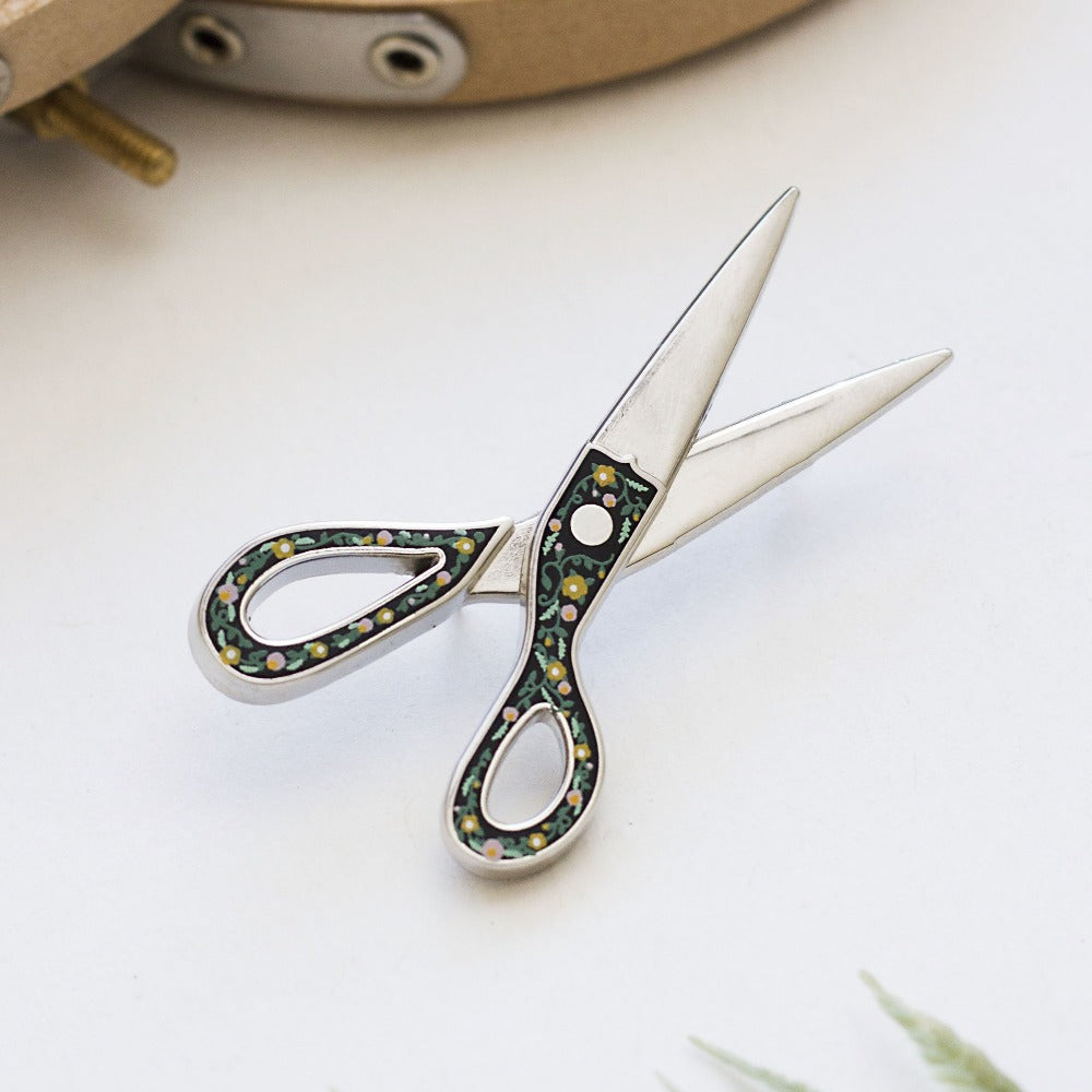 Unique Interactive Scissors Enamel Pin Black Floral Design | The Gray Muse