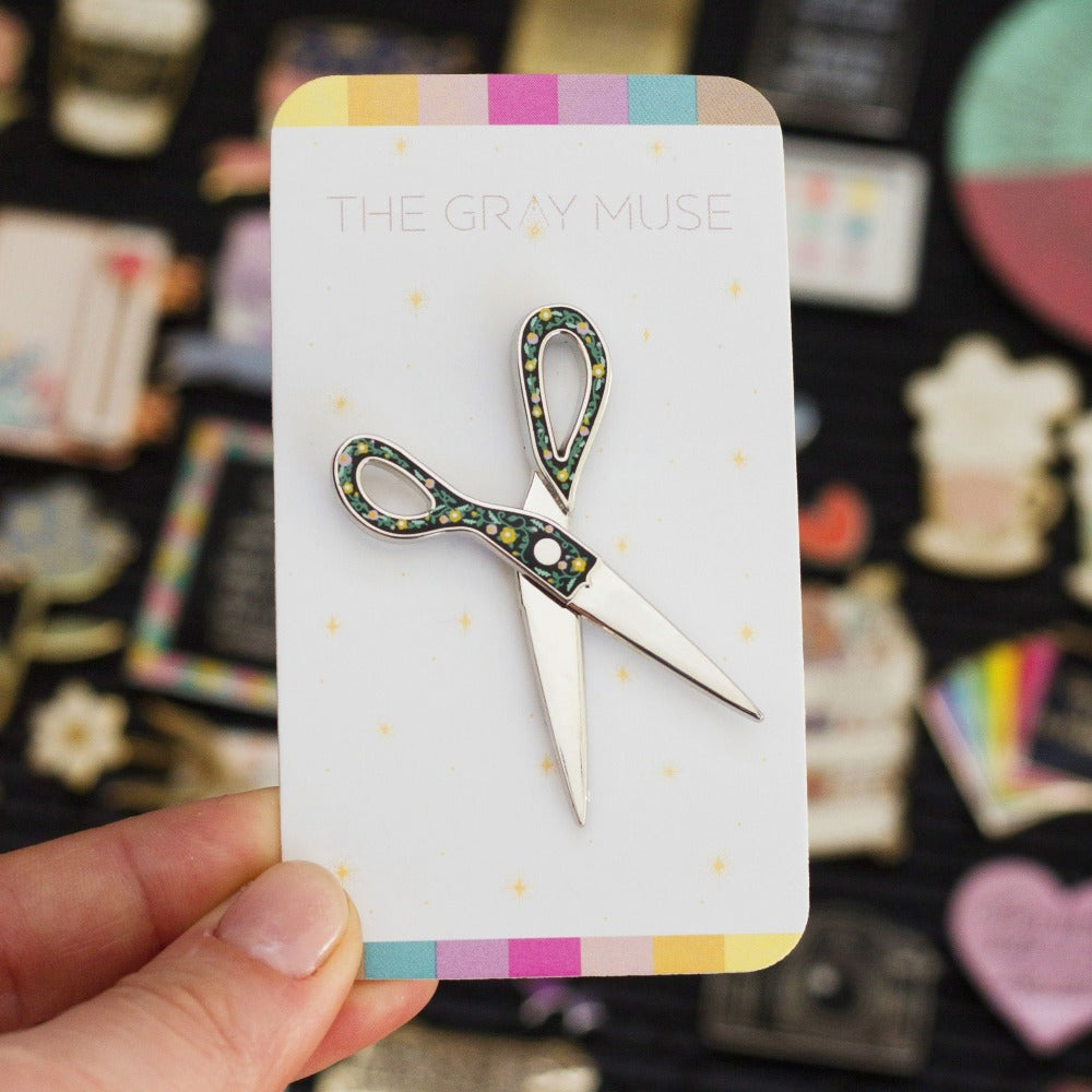 Unique Interactive Scissors Enamel Pin Black Floral Design | The Gray Muse